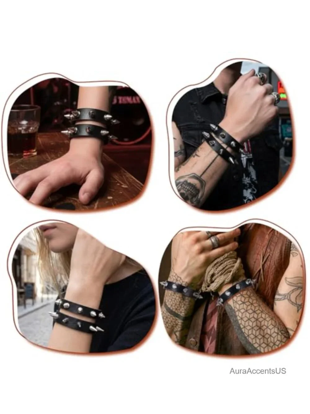 2 Pcs Punk Spike Bracelet Set Studded Faux Leather Adjustable Goth Cuff